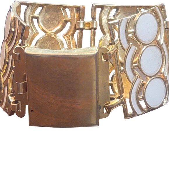 Vintage Gold White Enamel Link Bracelet Retro Geometric Design Bold Statement - Picture 6 of 7